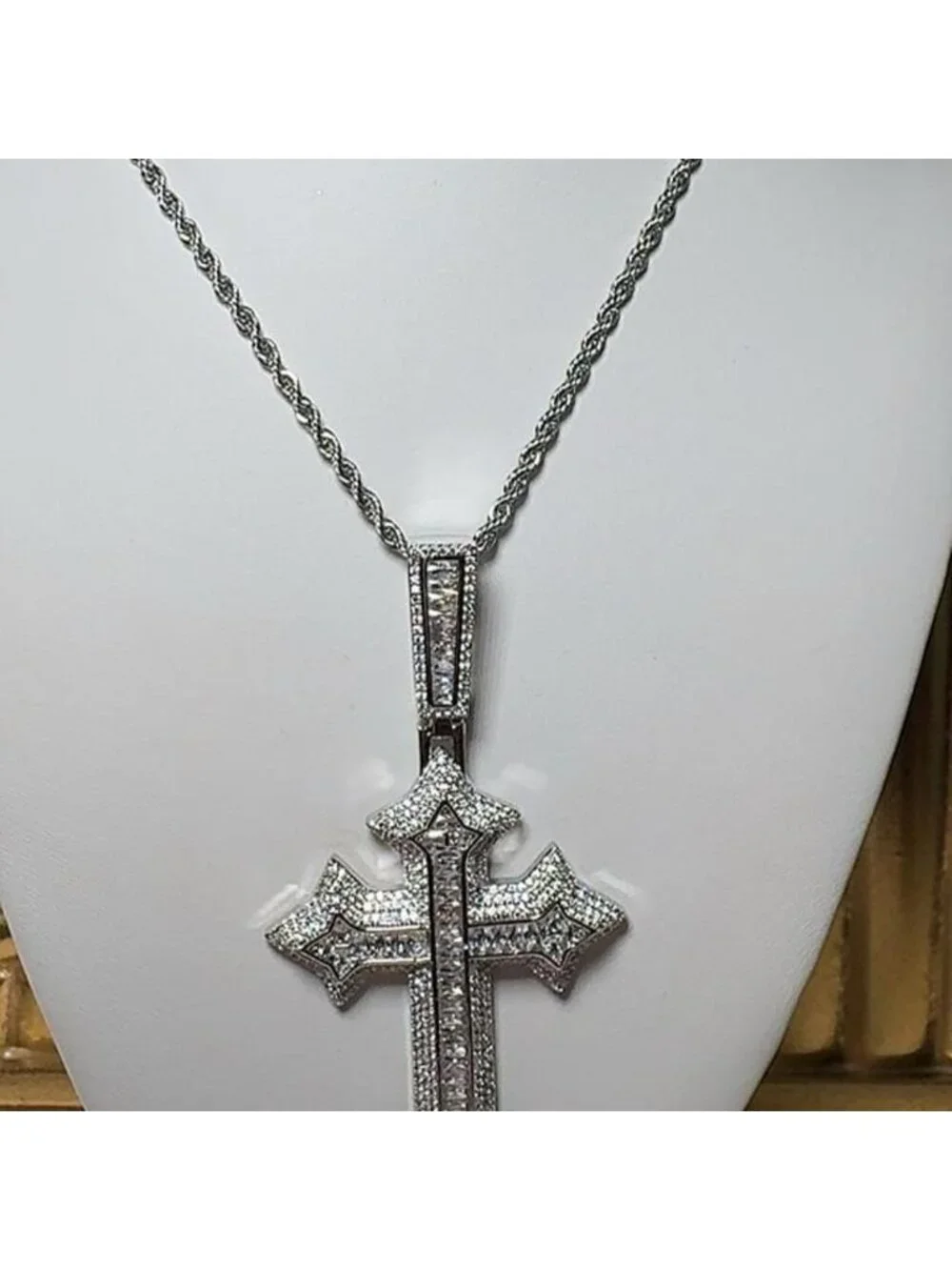 Silver Cross Necklace with rope chain 24inch